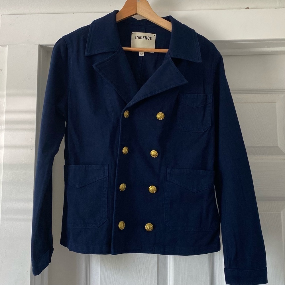 L’AGENCE Allison Navy Blue Double Breasted Gabardine Jacket